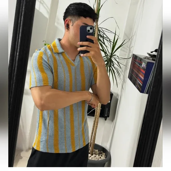 Zara Men Knit Polo with Blue and Yellow Stripes. Size M - Picture 10 of 13